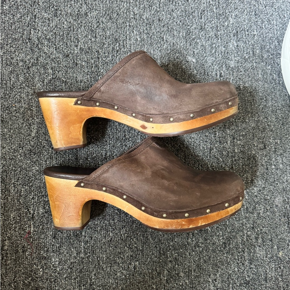 UGG Brown Leather Mules with Wooden Heel